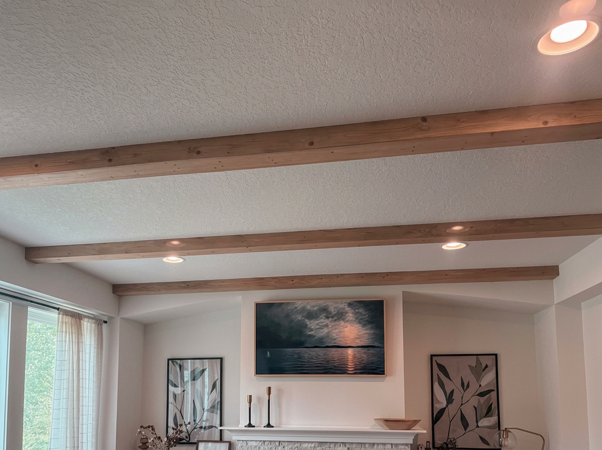 Living room ceiling with installed wood beams and recessed lighting