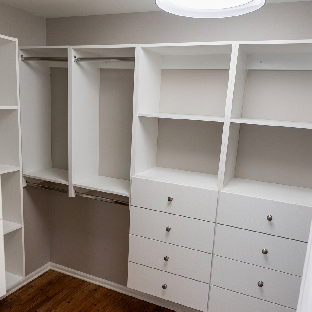 Custom white closet built-in with shelving and drawers by Blilie Construction