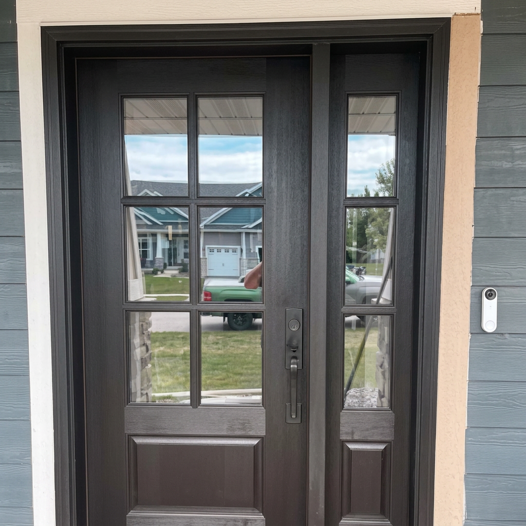 New dark front entry door with sidelight installed on a Minnesota home