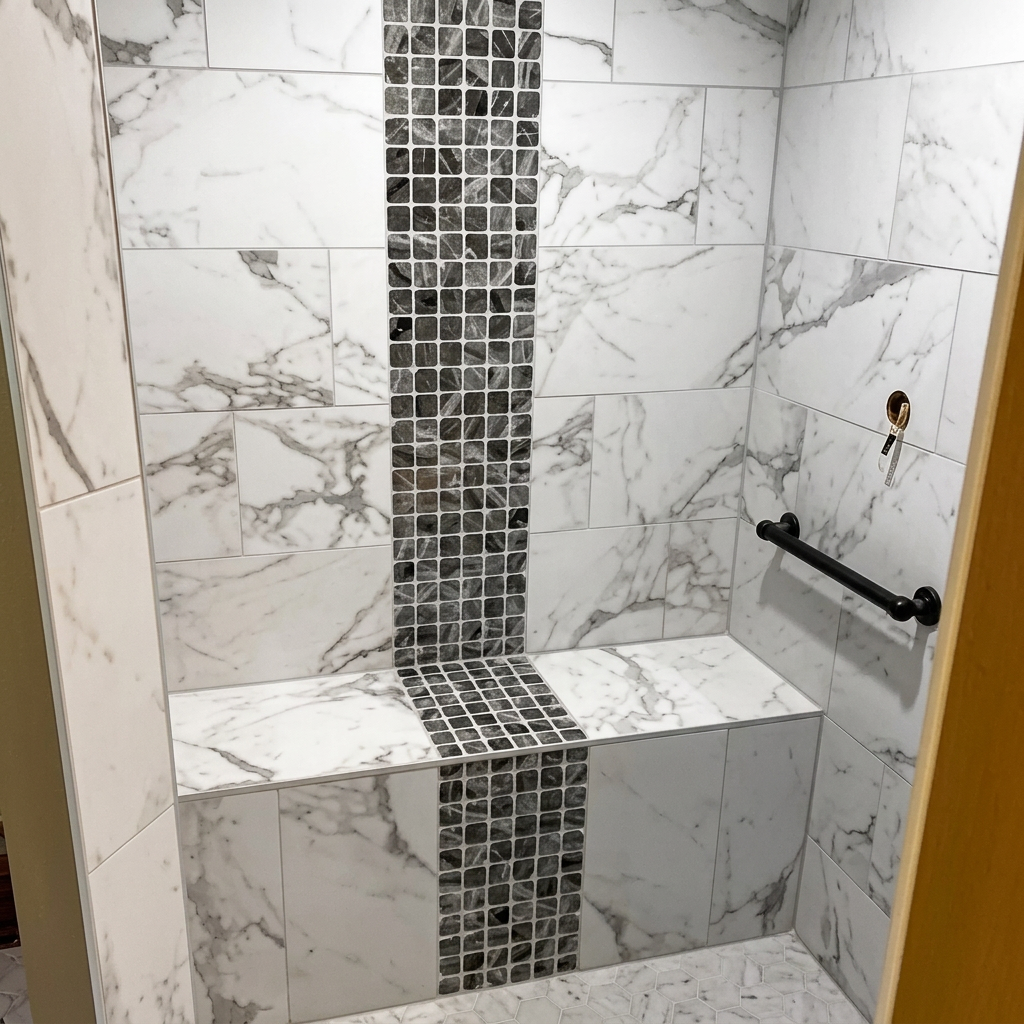 Marble-look tiled walk-in shower with a mosaic accent strip and built-in bench